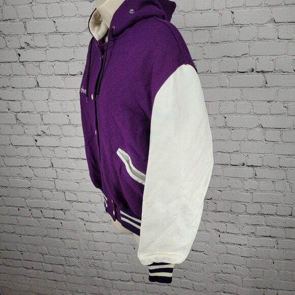 VTG DeLong Retro Purple Wool Hooded Varsity Letterman Jacket USA Made Size 40 - Picture 14 of 15